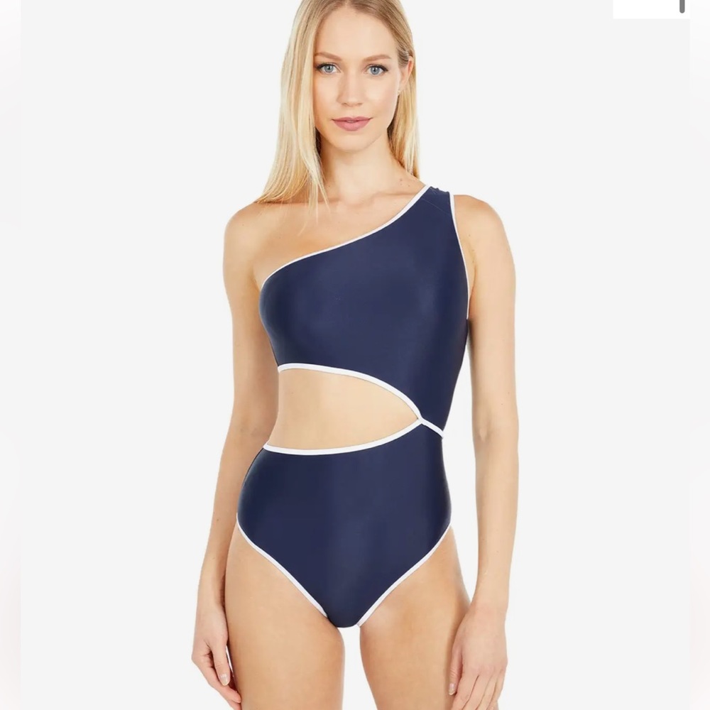 J. Crew Navy One-Shoulder Cutout One-Piece Swimsuit with White Trim